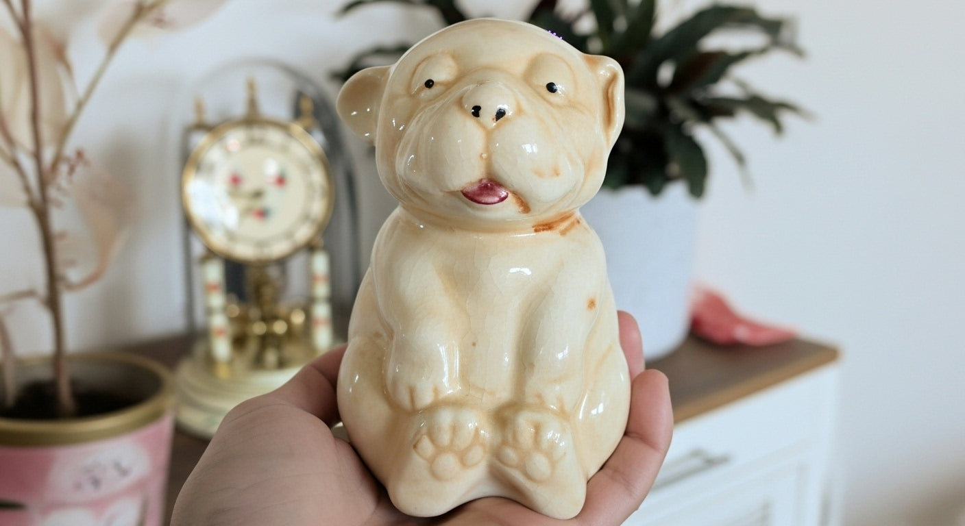 Hand holding a ceramic dog figurine with a clock and plants in the background