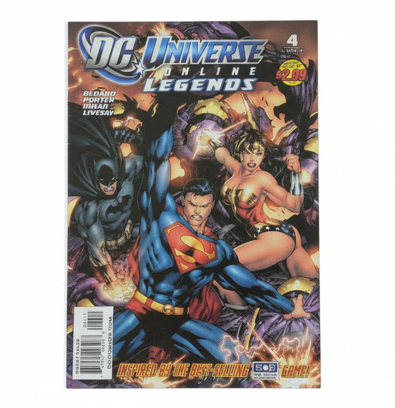 Comic book cover featuring DC Universe Online Legends with Superman and Wonder Woman.
